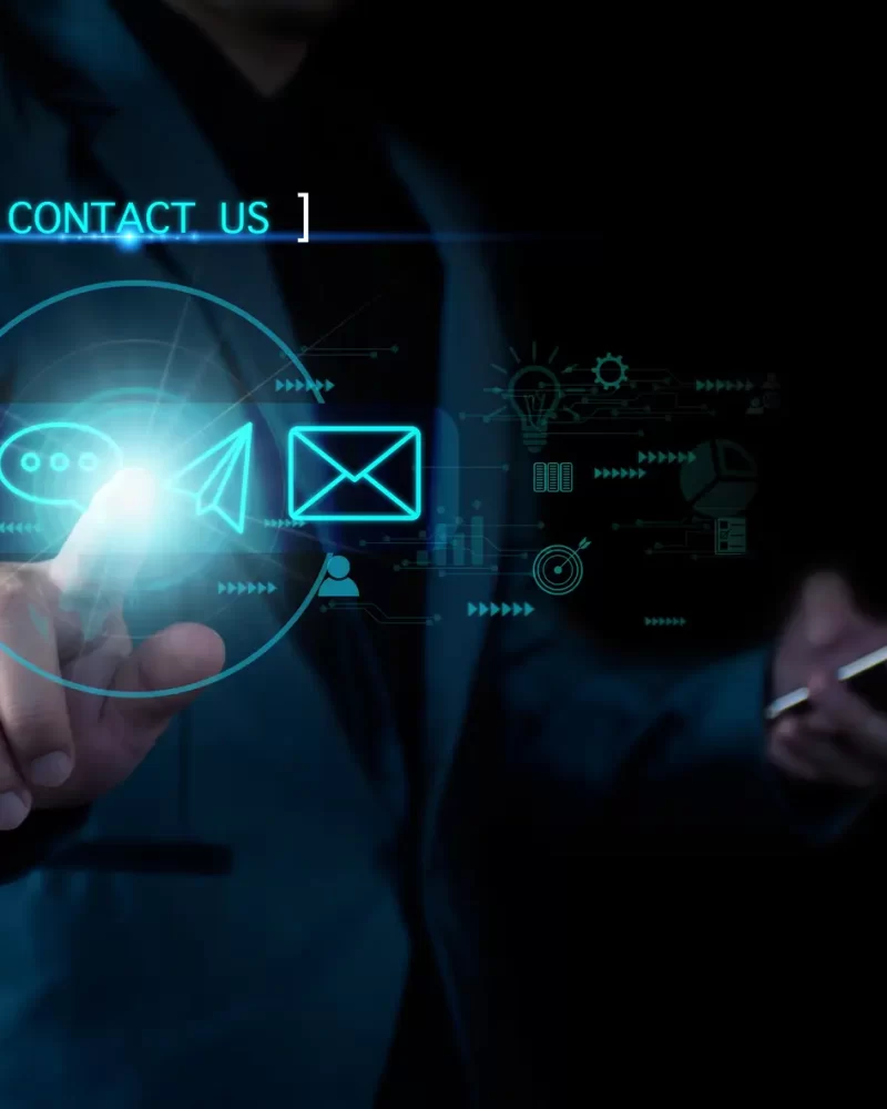 Concept Contact us or connected customer support hotline. businessman touching icon to communicate on a virtual screen,through a digital, global network. Icon (Email,Live Chat,Internet,Phone, Message)